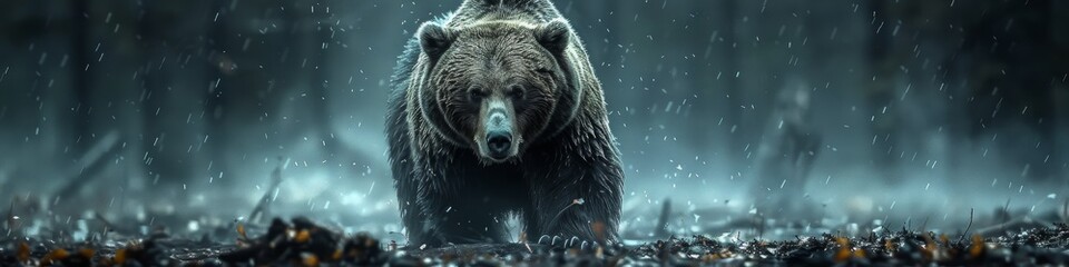 A majestic grizzly bear foraging for food in a polluted forest - obrazy, fototapety, plakaty