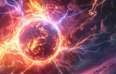 A large plasma fireball in a stormy sky lightning striking around it merging fire and air elements