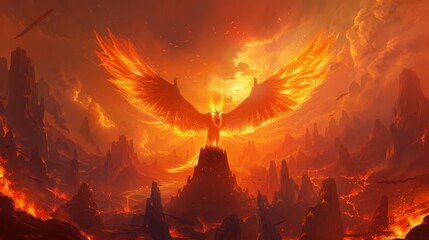 A majestic phoenix soaring over a fiery landscape its wings ablaze with vibrant orange and red flames