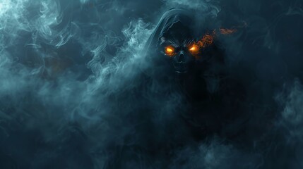 A mysterious djinn grim reaper emerging from smoke glowing eyes piercing through the darkness - obrazy, fototapety, plakaty