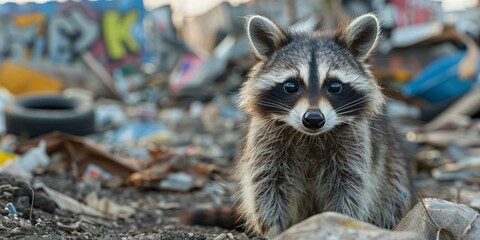 A mischievous raccoon scavenging through a landfill - obrazy, fototapety, plakaty