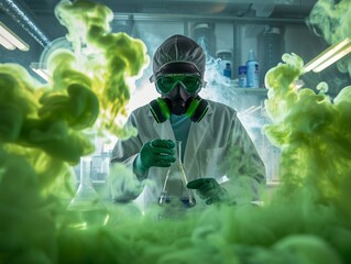 A toxicologist in a lab coat and gas mask surrounded by swirling green toxic smoke in a lab - obrazy, fototapety, plakaty