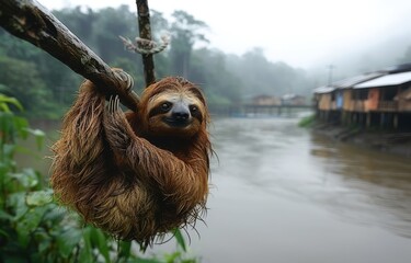 Obraz premium A sloth hanging from a branch overlooking a polluted river