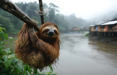 Fotobehang A sloth hanging from a branch overlooking a polluted river © Shutter2U