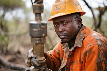 Awesome photo of an engineer drilling for groundwater. In the African wilderness