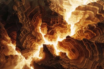 A surreal canyon landscape with fractal patterns lit by the golden hour sun casting intricate shadows