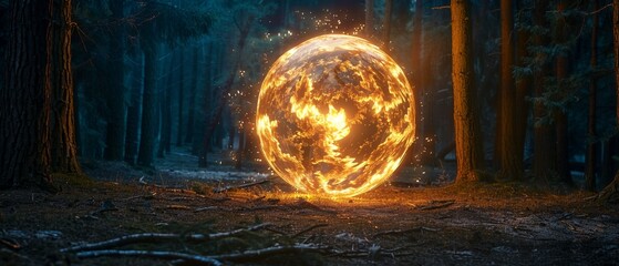 An ethereal plasma fire element forming a sphere in a mystical forest at twilight