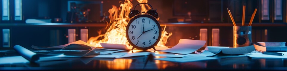 An office at midnight a single clock glowing as paper burns around it capturing the urgency of a nearing deadline - obrazy, fototapety, plakaty