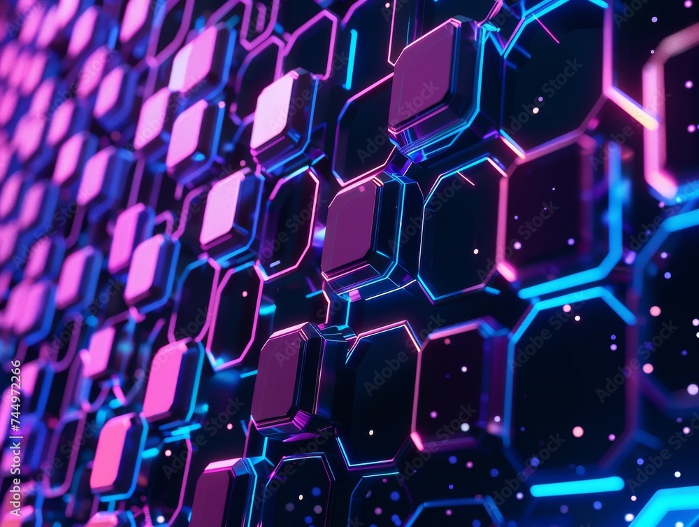 Poster 3d honeycomb structure neon blue and purple floating in digital space tech background