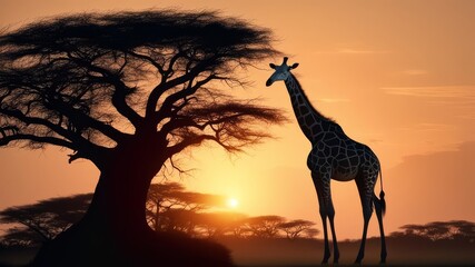 The silhouette of a giraffe near a large tree at a beautiful sunset.
