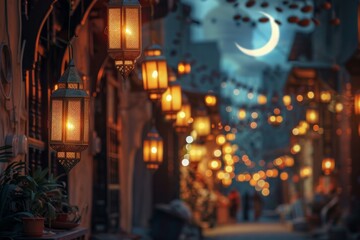 Fototapeta na wymiar Traditional Ramadan lanterns illuminating a bustling old city street under a crescent moon warm ambient lighting