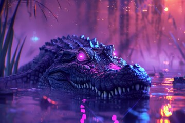 Cybernetic crocodile lurking in a neon lit swamp futuristic design with glowing laser eyes a menacing presence