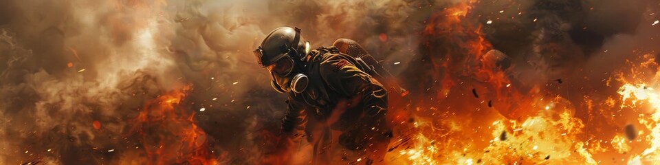 Firefighter with gas mask amidst a fiery explosion smoke and debris filling the air - obrazy, fototapety, plakaty