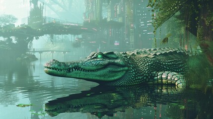 Futuristic cyberpunk crocodile patrolling a dystopian waterway laser eyes scanning blending nature with high tech - obrazy, fototapety, plakaty