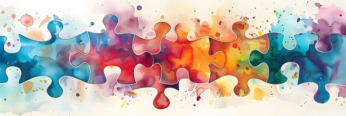 Interlocking puzzle pieces with a watercolor texture, symbolizing connection and diversity in a colorful, abstract design.