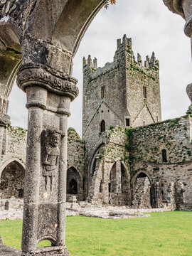 Jerpoint Abbey tipperary Ireland ancient cloister sculptures unique depicting saints and ornamentation, irregular, worn, and decayed, but restored 
