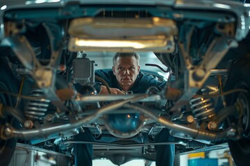 Focused mechanic analyzing a car's undercarriage, a portrayal of professionalism in automotive diagnostics and repair.

