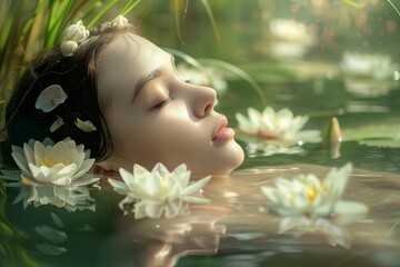 Serene woman floating in water with lilies, peaceful and dreamy atmosphere.

