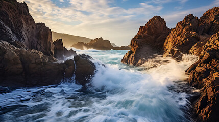 Find an image of rugged coastal rocks battered by ocean waves. - obrazy, fototapety, plakaty