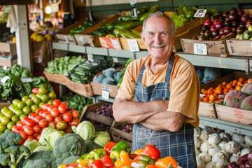 Friendly greengrocer standing proudly in front of fresh produce at a local market.

