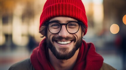 A close-up of a creative happy handsome smiling bearded man wearing a red beanie hat, hoodie and glasses looks directly at the camera on the street.