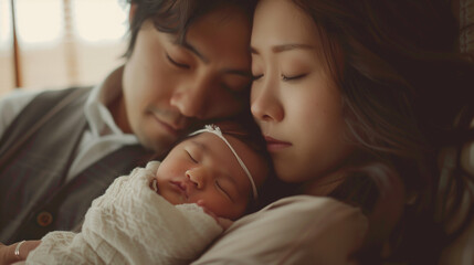 新生児を抱っこして目を閉じている日本の母と父のアップ写真 - obrazy, fototapety, plakaty