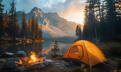 A picturesque camping site in nature with tents and campfire, forest, lake, mountain, generated by AI - Powered by Adobe