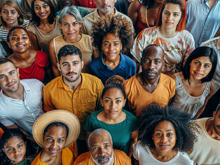 Top-down view of a very diverse group of people with different cultures, beliefs, traditions, looks