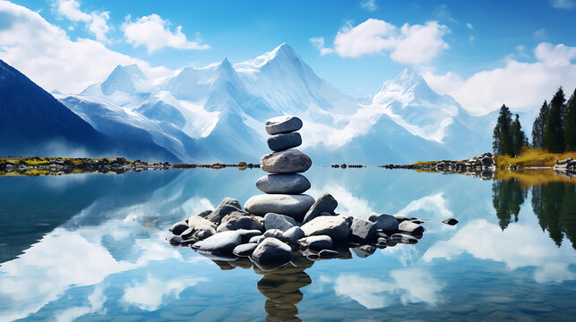Find an image of stones near a mountain lake with snow-capped peaks.