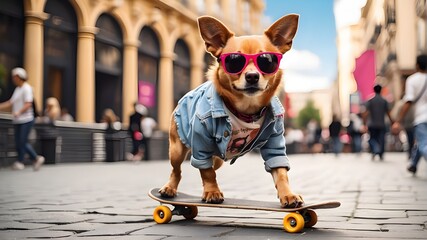 Dog dressed for summer in a Hawaii frock and hat with sunglasses, Dog Dressed As A Rapper, Dog Hip Hop Scene, Dog Fashion, and Who Dresses Dogs, dog with a hat, sunglasses, and an elegant suit, Dog - obrazy, fototapety, plakaty