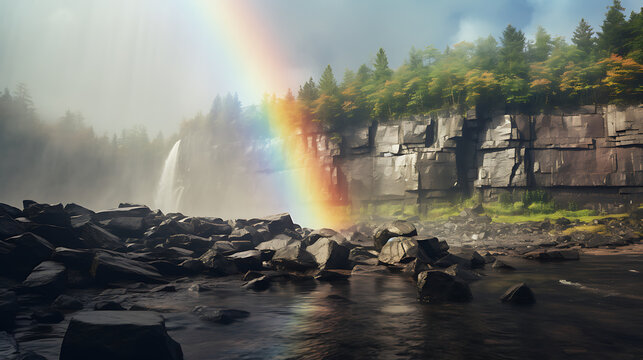 Find an image of stones near a waterfall with a rainbow in the mist.