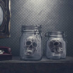 Creepy decoration in a dark home: human skulls in jars