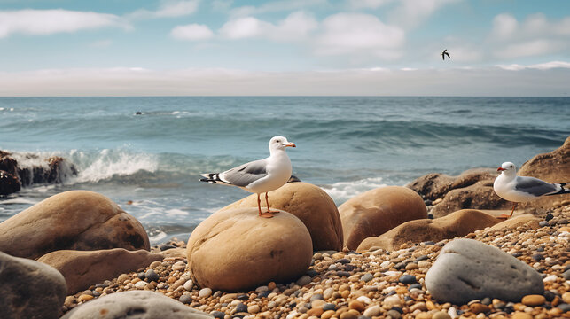 Find an image of stones near the ocean with seagulls in the background.