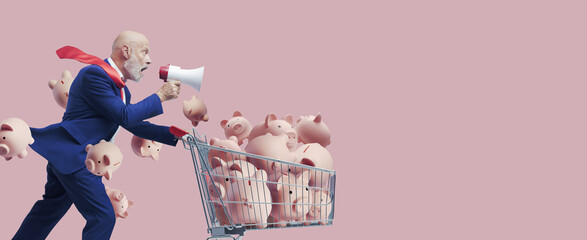 Businessman pushing a shopping cart full of piggy banks