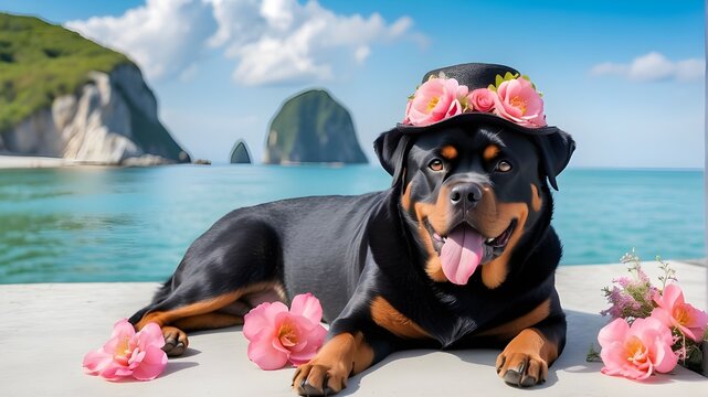 Dog dressed for summer in a Hawaii frock and hat with sunglasses, Dog Dressed As A Rapper, Dog Hip Hop Scene, Dog Fashion, and Who Dresses Dogs, dog with a hat, sunglasses, and an elegant suit, Dog