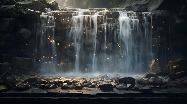 Find an image of stones under a waterfall, creating a dynamic water display.