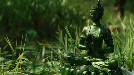 green buddha in the lotus posture, yoga in nature, close up, copy space, 16:9