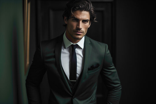 The handsome male model, in a sleek black suit, adjusts his jacket with confidence against a backdrop of muted olive, his impeccable hairstyle and attire radiating elegance and charm.