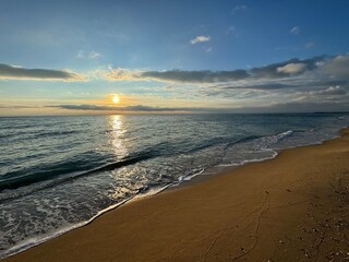 Golden Sands beach in the morning. Black sea coast sunrise with beautiful clouds, calm sea.