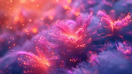 tangled pink and purple lights with yellow and orange fibers on abstract background, in the style - obrazy, fototapety, plakaty