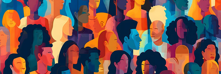 Diverse community coming together in unity and togetherness. Colorful illustration of diversity, inclusion, equality, and representation. Beauty of a multicultural, multiracial society.  - Powered by Adobe