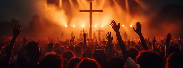 Happy Easter concept. Christian worship with raised hand in front of the cross background.  - obrazy, fototapety, plakaty
