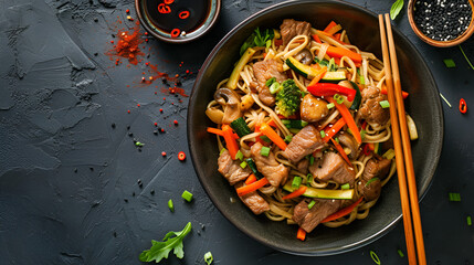 Traditional Asian food.Lunch stirfry rice noodles on dark background, copy space, generative ai