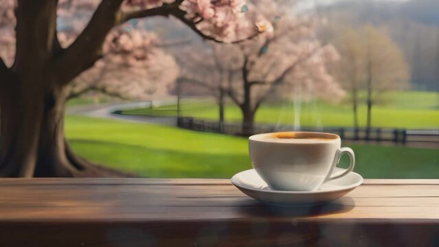 cup of coffee in spring. Seamless looping time-lapse animation video background