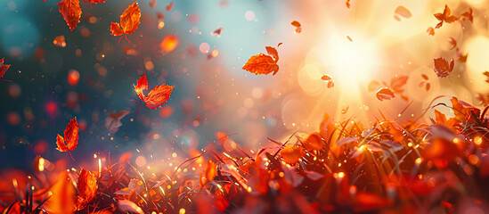 Autumn leaves falling with sunlight natural background generated by ai - obrazy, fototapety, plakaty