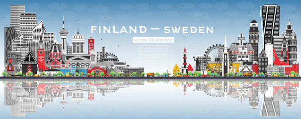Finland and Sweden skyline with gray buildings, blue sky and reflections. Famous landmarks. Sweden and Finland concept. Diplomatic relations between countries.