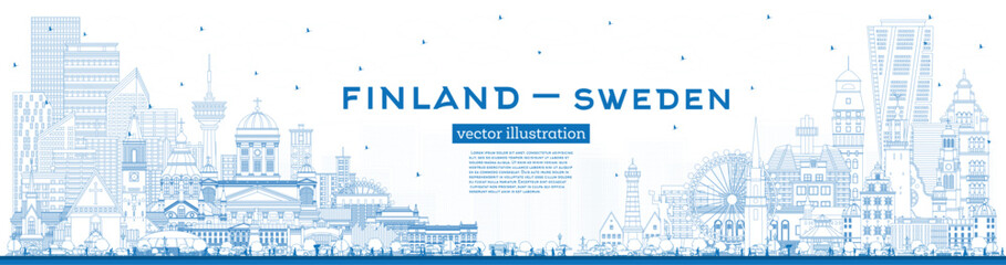 Outline Finland and Sweden skyline with blue buildings. Famous landmarks. Sweden and Finland concept. Diplomatic relations between countries. - obrazy, fototapety, plakaty