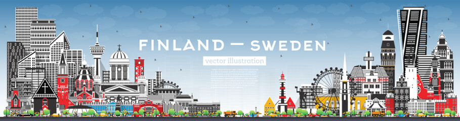 Finland and Sweden skyline with gray buildings and blue sky. Famous landmarks. Sweden and Finland concept. Diplomatic relations between countries. - obrazy, fototapety, plakaty