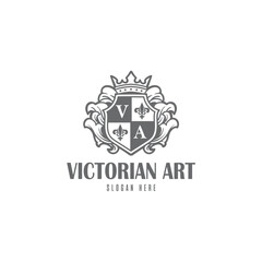 Royal Victorian Shield Crown Logo. Victorian shield border frame royal badge label logo design vector.