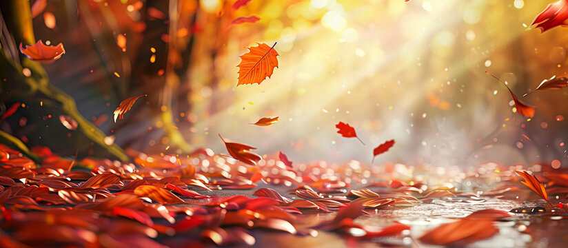 Autumn leaves falling with sunlight natural background generated by ai